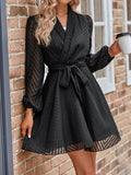 Momentlover Tied Waist Solid Color See-Through Long Sleeves A-Line V-Neck Mini Dresses