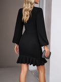 Momentlover Solid Color Falbala Puff Sleeves Long Sleeves Mini Dresses