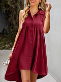 Momentlover Solid Color Pockets Pleated Buttoned Sleeveless Loose Lapel Mini Dresses