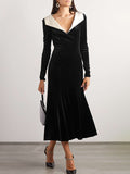 Momentlover A-Line Long Sleeves Solid Color Velvet Deep V-Neck Midi Dresses