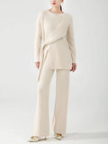 Momentlover Solid Color Loose Asymmetric Split-Front Round-Neck Long Sleeves Sweater Top + Pants Bottom Two Pieces Set