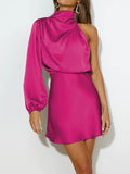 Momentlover Solid Color Elasticity Asymmetric Puff Sleeves Long Sleeves High Neck Mini Dresses