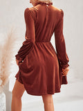 Momentlover Velvet Solid Color Ruffled Hollow Ruffle Sleeves Loose Mock Neck Mini Dresses