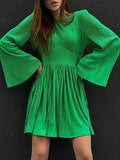 Momentlover Zipper Solid Color Pleated High-Waisted Flared Sleeves A-line Round-neck Mini Dresses