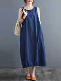 Momentlover Simple Denim Blue Round-Neck Buttoned Sleeveless Midi Dress