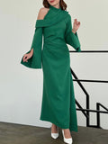 Momentlover Flared Sleeves Asymmetric Buttoned Hollow Solid Color Zipper Cold Shoulder Evening Dresses Maxi Dresses