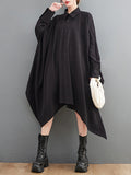 Momentlover Solid Color Pockets Buttoned Asymmetric Loose Long Sleeves Lapel Shirt Dress Midi Dresses