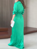 Momentlover Long Sleeves Solid Color Split-Side Lapel Collar Maxi Dresses Shirt Dress