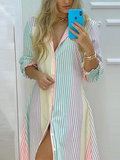 Momentlover Irregular Clipping Three-Quarter Sleeves  Striped Lapel Maxi Dresses Shirt Dress