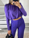 Momentlover Solid Color Long Sleeves Elasticity Pleated Round-Neck Shirts Top + High Waisted Pants Bottom Two Pieces Set