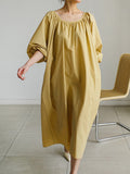 Momentlover Original Casual Loose Solid Color Pleated Puff Sleeves Midi Dress