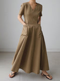 Momentlover Simple Casual Solid Color Pleated Midi Dress