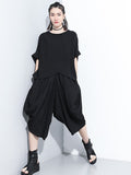 Momentlover Loose Solid Color Round-Neck Short Sleeves  Tops+ Elasticity Pleated Cropped Pants Two Pieces Set