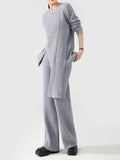 Momentlover Solid Color Loose Asymmetric Split-Front Round-Neck Long Sleeves Sweater Top + Pants Bottom Two Pieces Set