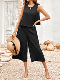 Momentlover Solid Color Wide Leg Sleeveless Round-neck Jumpsuits