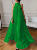 Momentlover A-Line Sleeveless Pleated Solid Color Halter-Neck Maxi Dresses