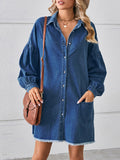 Momentlover Split-Joint Pockets Pleated Fringed Buttoned Loose Long Sleeves Lapel Mini Dresses