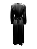 Momentlover Zipper Tied Waist Solid Color High-Waisted Wrap Round-neck Maxi Dresses