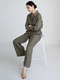 Momentlover Urban Linen Drawstring Elastic Waisted Wide Leg Long Sleeves Jumpsuits