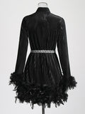 Momentlover Velvet Solid Color Feathers Chains Long Sleeves A-Line Stand Collar Mini Dresses