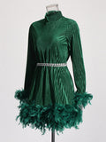 Momentlover Velvet Solid Color Feathers Chains Long Sleeves A-Line Stand Collar Mini Dresses