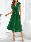 Momentlover Tied Waist Solid Color Pleated Sleeveless V-Neck Midi Dresses