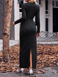 Momentlover Solid Color Bowknot Long Sleeves Bodycon V-neck Maxi Dresses