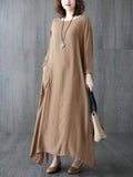 Momentlover Casual Long Sleeves Loose Solid Color Round-Neck Maxi Dresses