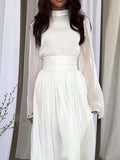 Momentlover Wrap Bandage High-Waisted Pleated Solid Color Zipper High-Neck Maxi Dresses