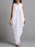 Momentlover Loose Sleeveless Pleated Solid Color V-Neck Maxi Dresses