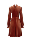 Momentlover Velvet Solid Color Ruffled Hollow Ruffle Sleeves Loose Mock Neck Mini Dresses