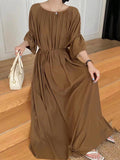 Momentlover Solid Color Loose Half Sleeves Round-Neck Midi Dresses