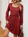 Momentlover Solid Color Pleated Loose Long Sleeves Square-Neck Mini Dresses