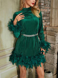 Momentlover Velvet Solid Color Feathers Chains Long Sleeves A-Line Stand Collar Mini Dresses