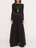 Momentlover Long Sleeves Backless No Body Chain Pleated Solid Color Tied Waist Maxi Dresses