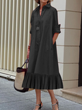 Momentlover A-Line Long Sleeves Pleated Solid Color Lapel Collar Midi Dresses