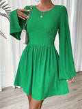 Momentlover Solid Color Pleated Loose Long Sleeves Round-Neck Mini Dresses