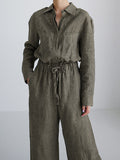 Momentlover Urban Linen Drawstring Elastic Waisted Wide Leg Long Sleeves Jumpsuits