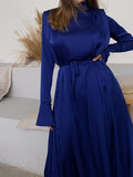 Momentlover Solid Color Loose Long Sleeves High-neck Maxi Dresses