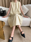 Momentlover Solid Color Loose Round-Neck Vest + High Waisted  Skirt Two Pieces Set