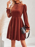 Momentlover Velvet Solid Color Ruffled Hollow Ruffle Sleeves Loose Mock Neck Mini Dresses