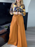 Momentlover Printed Long Sleeves Buttoned Lapel Blouse + Tied Waist Wide Leg Pants Two Pieces Set