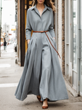 Momentlover Long Sleeves Wide Leg Pleated Lapel Jumpsuits