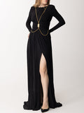 Momentlover Long Sleeves Backless No Body Chain Pleated Solid Color Tied Waist Maxi Dresses