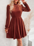 Momentlover Velvet Solid Color Ruffled Hollow Ruffle Sleeves Loose Mock Neck Mini Dresses