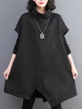 Momentlover Split-Joint Split-front Solid Color Asymmetric Short Sleeves Raglan Sleeve High-neck Mini Dresses Knitwear