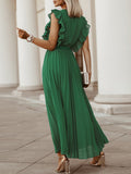 Momentlover Tied Waist Split-Joint Solid Color Pleated Floral Sleeveless Loose V-Neck Maxi Dresses