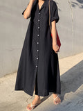 Momentlover Vintage Solid Color Short Sleeve Loose Casual Midi Dress