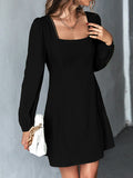 Momentlover Split-Joint Solid Color Puff Sleeves Long Sleeves Square-Neck Mini Dresses