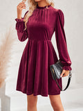 Momentlover Velvet Solid Color Ruffled Hollow Ruffle Sleeves Loose Mock Neck Mini Dresses